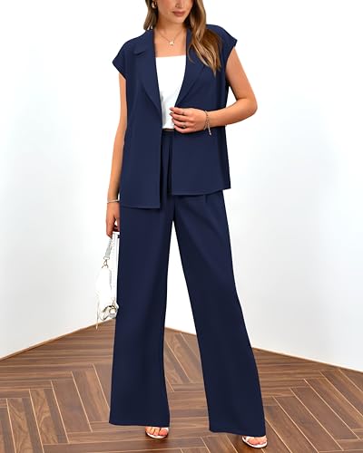 Women's Summer 2 Piece Outfits 2025 Cap Sleeve V Neck Blazer Vest Wide Leg Pant Sets Office Work Clothes