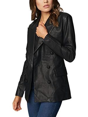 Womens Double Breasted Long Vegan Leather Blazer