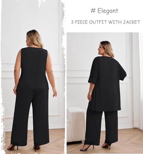 Plus Size Mother of The Bride Pant Suits 3 Piece Chiffon Sets Wedding Guest Gowns Formal Outfits with Jacket