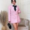 Womens 2 Piece Tweed Blazer Shorts Sets Long Sleeve Double Breasted Suit Jackets Business Outfit Pink, XX-Large