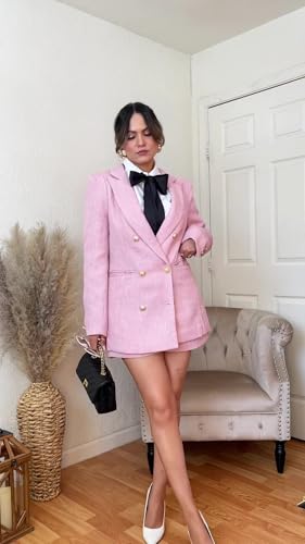 Womens 2 Piece Tweed Blazer Shorts Sets Long Sleeve Double Breasted Suit Jackets Business Outfit Pink, XX-Large
