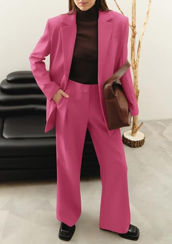 Women's Fall Two Piece Outfits Dressy Blazer Jacket and Wide Leg Pants Pockets Business Casual Office Suit Sets