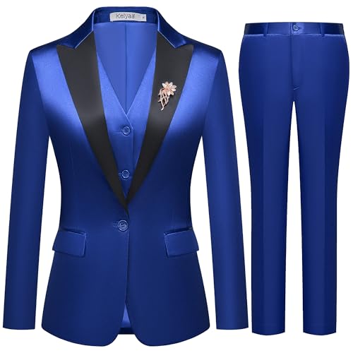 Women's 3 Pieces Satin Suit Black Peak Lapel Fashion Outfits Casual Party Wedding Blazer Jacket Vest Pants Set