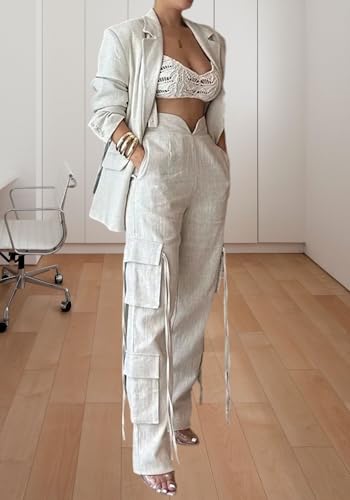 Women Fall Blazer Set 2 Piece Business Outfit Long Sleeve Blazer Jacket and Straight Wide Leg Pant Suit Sets