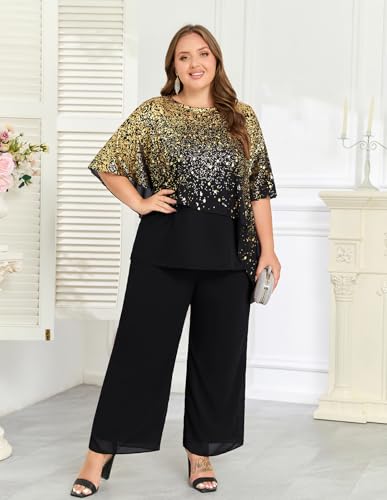 2025 Plus Size Mother of Bride Pant Suits 2 Piece Ruffle Layers Chiffon Sets Hot Stamping Wedding Guest Outfit