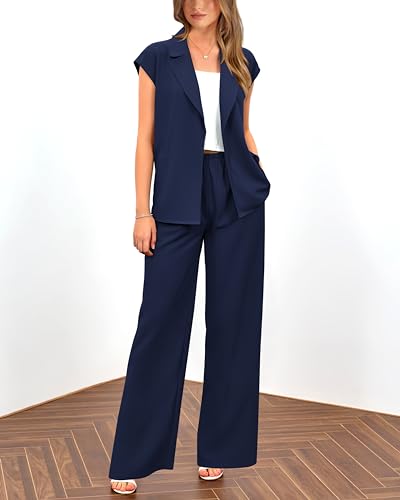 Women's Summer 2 Piece Outfits 2025 Cap Sleeve V Neck Blazer Vest Wide Leg Pant Sets Office Work Clothes