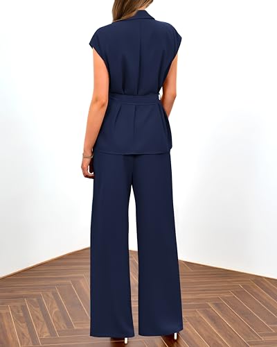 Women's Summer 2 Piece Outfits 2025 Cap Sleeve V Neck Blazer Vest Wide Leg Pant Sets Office Work Clothes