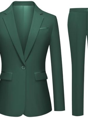 Womens 2 Piece Pants Suit Solid Notch Lapel One Button Slim Fit Blazer Jacket Elastic Waist Pants Tuxedo Set