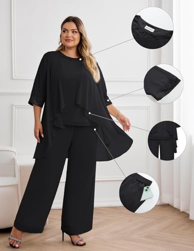 Plus Size Mother of The Bride Pant Suits 3 Piece Chiffon Sets Wedding Guest Gowns Formal Outfits with Jacket