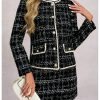 Women's 2 Piece Outfits Plaid Button Front Long Sleeve Tweed Jacket and Mini Skirt Elegant Set