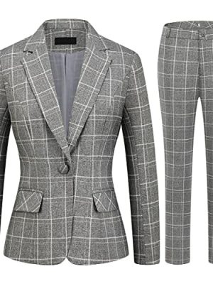 Women's 2 Piece Business Plaid Suit Set Office One Button Slim Fit Blazer with Pant