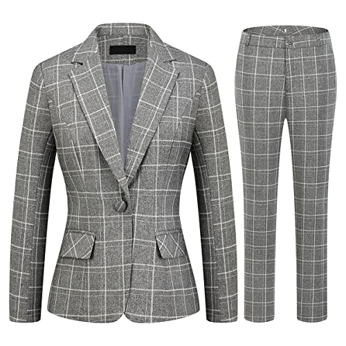 Women's 2 Piece Business Plaid Suit Set Office One Button Slim Fit Blazer with Pant