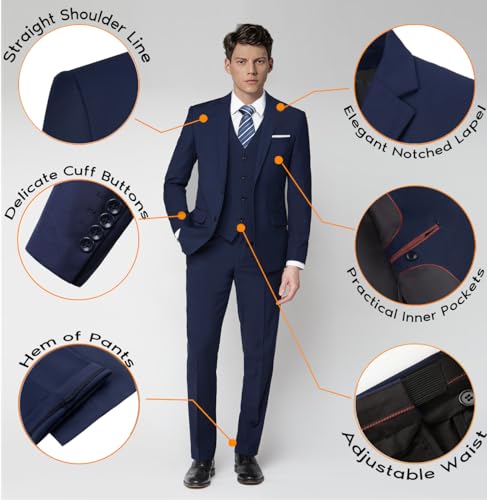 Mens 3 Piece Slim Fit Suit Set, 2 Button Solid Blazer Jacket Vest Pants Business Tuxedo
