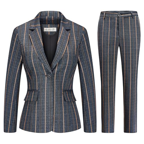 Womens 2 Piece Plaid Suits Set Business Office One Button Blazer Jacket Casual Long Sleeve Pant Suit Set